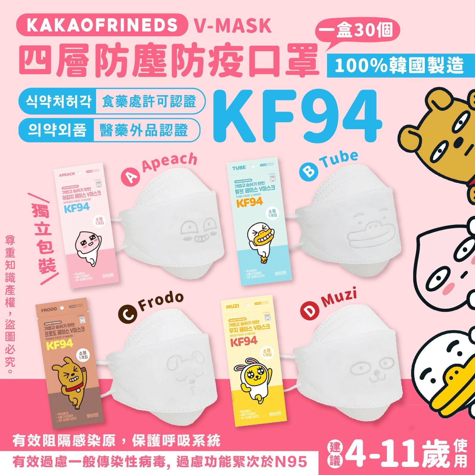 韓國KAKAOFRINEDS KF94 V-MASK 四層防塵防疫口罩中童(一盒30個)[4款]